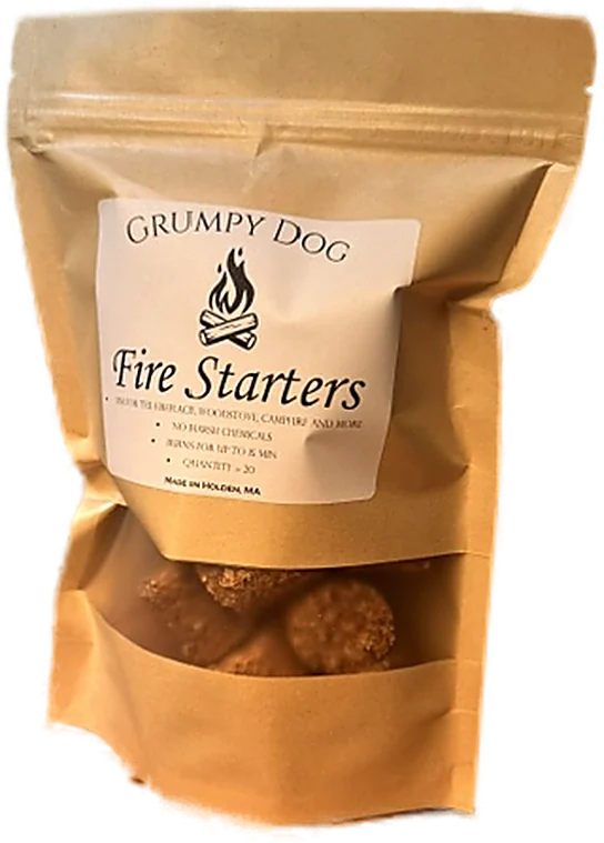 A kraft bag of Grumpy Dog Fire Starters with a window showing the pucks inside